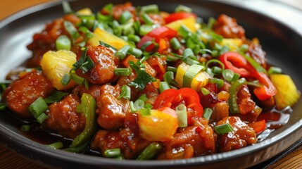 Sweet and Sour Pork with bell pepper pineapple spring onion