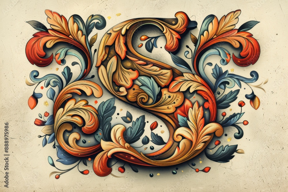 Fototapete a vintage-inspired illustration of the letter s with ornate details and a retro color palette adding