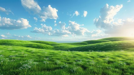 Fototapeta premium Lush green meadow under clear blue sky