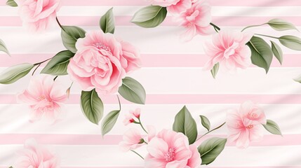 Seamless watercolor pattern of Camellia japonica flowers and leaves on an elegant striped fabric background