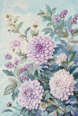 Purple Chrysanthemum Flowers with Lilac Flowers and Foliage on Light Blue Background