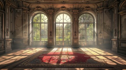 a room in a palace with large windows and a red carpet on the floor