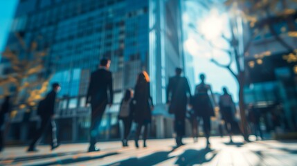 Obraz premium blurry out of focus photo of group of professionals in front of an office building, on a sunny spring day. place is south korea