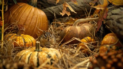 A tiny chipmunk blends into this fall still life of golden straw and pumpkins
