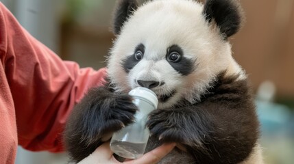 Fototapeta premium Baby Panda Drinking from Bottle