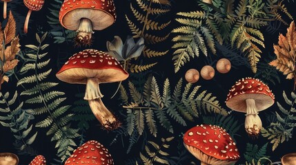 Vintage woodland nature seamless pattern Amanita mushroom fern forest plants witchcraft wallpaper Botanical texture on black background