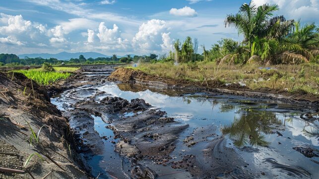 Disposal of Palm Oil Mill Effluent POME liquid waste that has hardened and clumped in the CPO and palm oil mill waste storage ponds