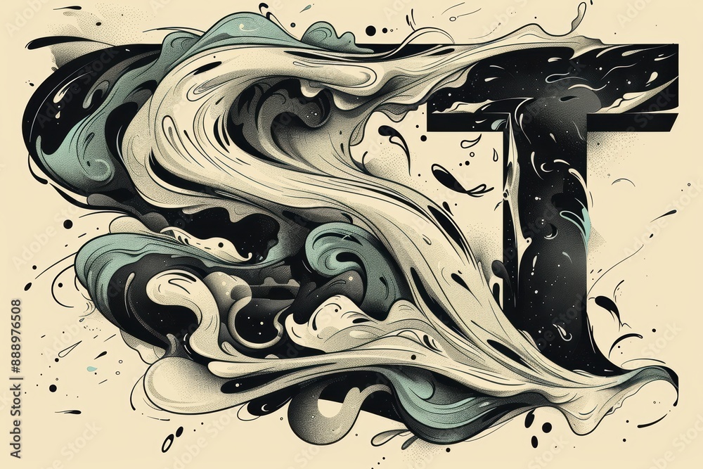 Fototapete an abstract illustration of the letter t created with fluid lines and organic shapes. this design is