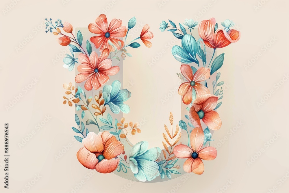 Fototapete a whimsical illustration of the letter u embellished with floral motifs and soft pastel tones perfec
