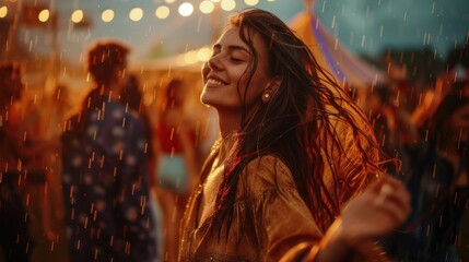 A young woman joyfully dances in the rain at a festival, illuminated by warm, glowing lights in the background.