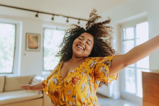 A joyful plus size woman with curly hair dancing and wearing a yellow floral dress at home, exuding happiness and confidence.