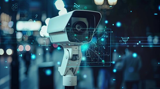 Concept of surveillance technology using CCTV cameras equipped with motion detection and face recognition