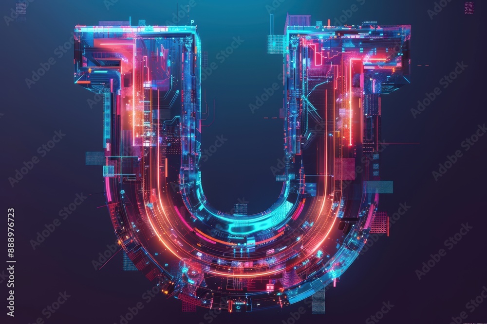 Fototapete a futuristic illustration of the letter u with a digital-inspired design and neon colors creating a 