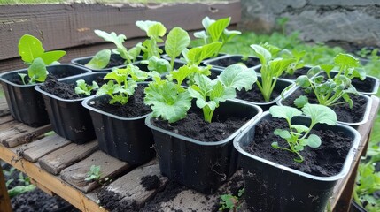 Plastic pots with various vegetables seedlings Planting young seedlings on spring day Growing own fruits and vegetables in a homestead Gardening and lifestyle of self sufficiency