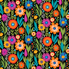 Half drop Floral Seamless Pattern of Fantasy Flowers in Green, Orange, Purple, Blue, Red and White Colors on Black. Wallpaper Design for Textiles, Papers, Prints, Fashion, Beauty Products, Wrappings.