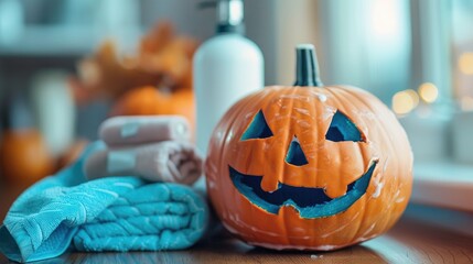Pumpkin with a towel and skin care products