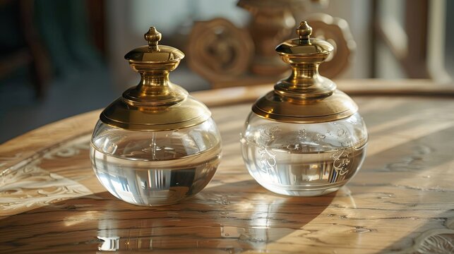 Two glass and brass containers holding holy water and chrism oil essential for catholic baptism and confirmation ceremonies