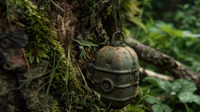 Booby Trap Landmine made from hand grenade with tripwire installed on tree hidden with moss and grass closeup x000D