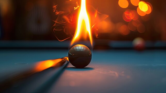 Pool cue hitting a black ball on fire