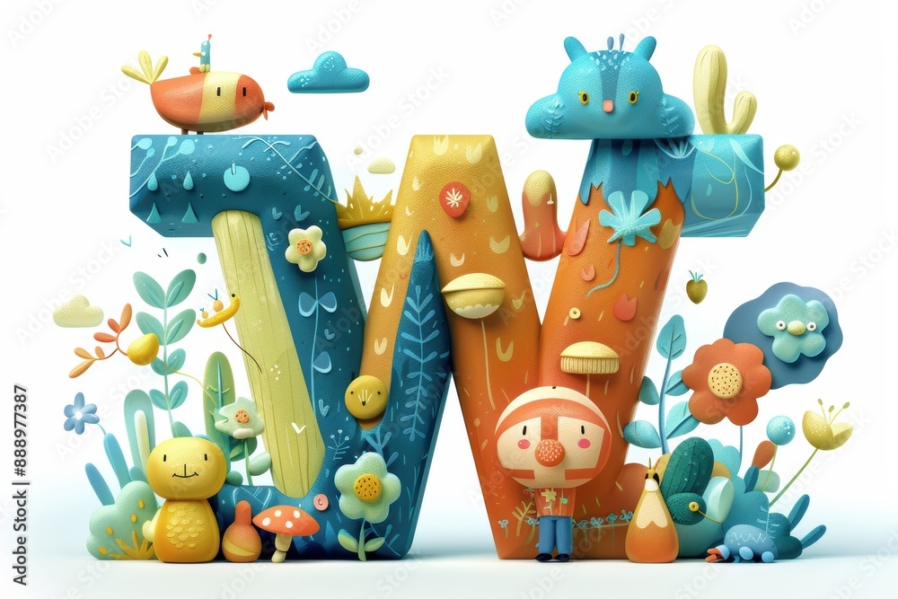 Fototapete an imaginative illustration of the letter w surrounded by whimsical characters and elements adding a