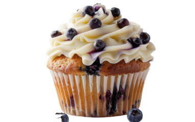 A single, perfectly frosted blueberry cupcake sits on a white background