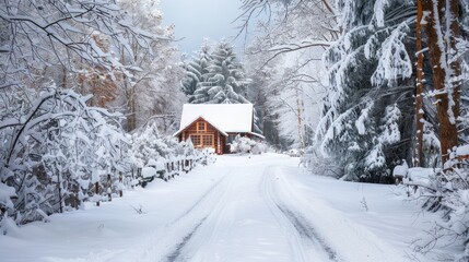 Obraz premium snowy winter cabin in the woods trees