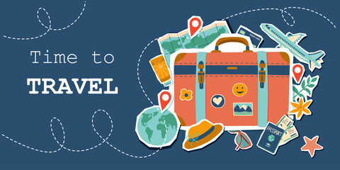 Travel collage. Summer vacation banner. Summer and travel concept. Travel banner with stickers. Summer travel destinations.