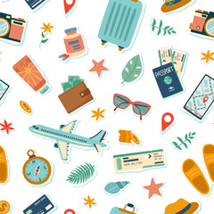 Travel seamless pattern. Travel and summer concept. Background of travel objects isolated on blue. Hand drawn flat illustration.