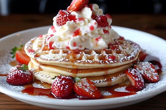 Delicious Stack of Waffles with Strawberries and Whipped Cream - Perfect for Breakfast Menus or Food Blogs