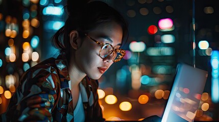 Laptop computer or business woman on tablet at night in office for research cloud computing or planning marketing schedule IT programmer or developer working overtime review startup cybersecurity