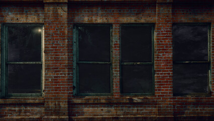 old abandoned brick building, haunted house, mystery horror concept art. fantasy halloween movie poster background 
