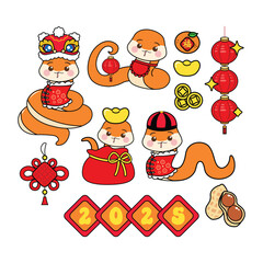 Cute Year of snake sticker set. Cartoon style element