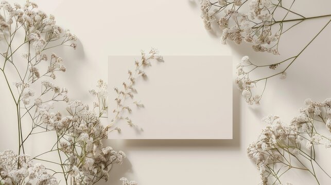 Wedding invitation card mockup with dry gypsophila blank card with botanical decoration