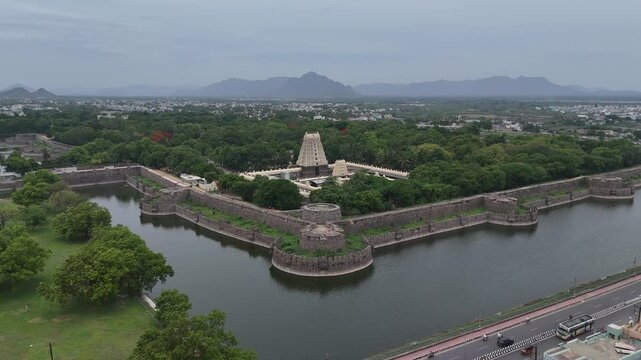 Aerial Drone Shot of Vellore Temple Inside Fort surrounded by Pond of water