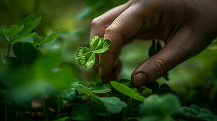 Hand of a man holding a clover leaf,  Selective focus nature, Close-up of a man's hand holding a plant in the sunlight, Exotic green clover leave in a man hand palm
