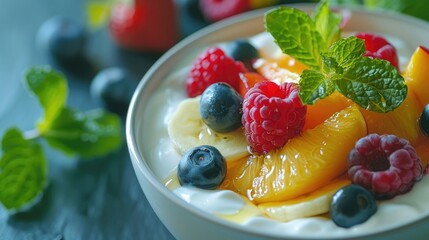 Greek yoghurt in a bowl with fruit slices and honey