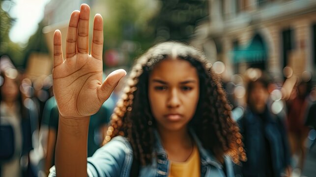 Hand stop or black woman at a student protest for free public education government funding or human rights Girl school or crowd of angry students fighting for a change gender equality or justice