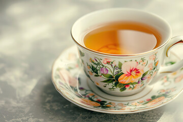 Green tea in an elegant floral tea cup, with empty copy space 
