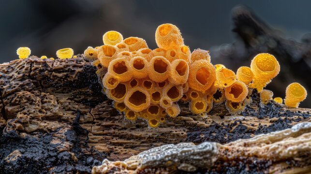 Fruit bodies of a Physarum slime mold or myxomycete make an odd structure with stripped stone texture Slime moulds are special organisms that gather from many microscopic unicellular amoebae