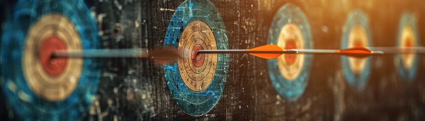 A group of arrows are shot at a target, with one arrow missing. Concept of competition and focus, as the archers aim for the bullseye