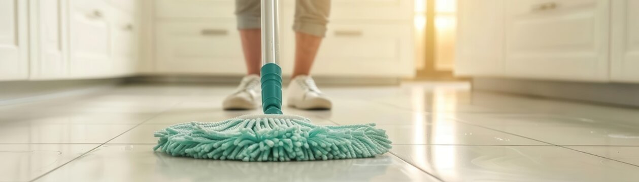 Close-up of a person mopping a kitchen floor at home with sunlight streaming in through the window.