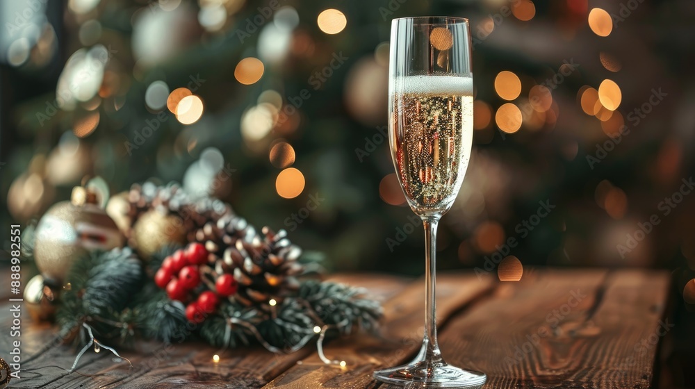 Poster Champagne glass on wooden table with Christmas theme and copy space