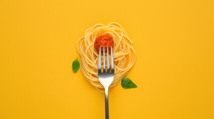 Fork with spaghetti and meatball over yellow background, Concept of Italian food