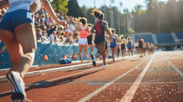 A high school track and field event, with athletes sprinting down the track and spectators cheering from the stands