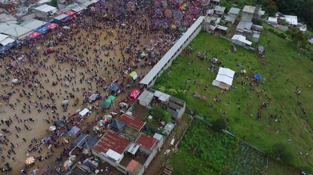 Aerial view of crowded kite festival in Sumpango, Sacatepequez, Guatemala.