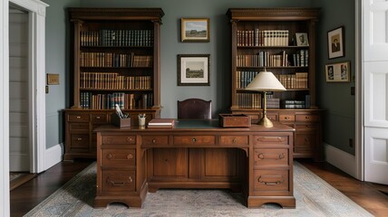 Interior of a Victorian home office with a wooden desk, antique lamp, and bookshelves, field of dept deep odject, all cover focus text, for spacecopy