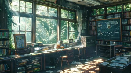 An old Japanese classroom with windows and tables, shelves with books, aesthetic green nature, anime inspired artwork