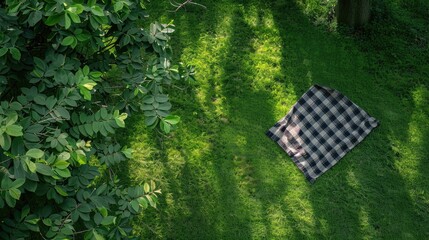 Picnic blanket spread out on green grass