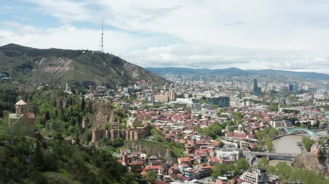 Aerial footage of the Narikala fortress in the center of Tbilsii - the capital of Georgia