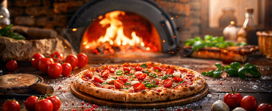 belle pizza tomates basilic qui sort tout juste d'un four au feu de bois